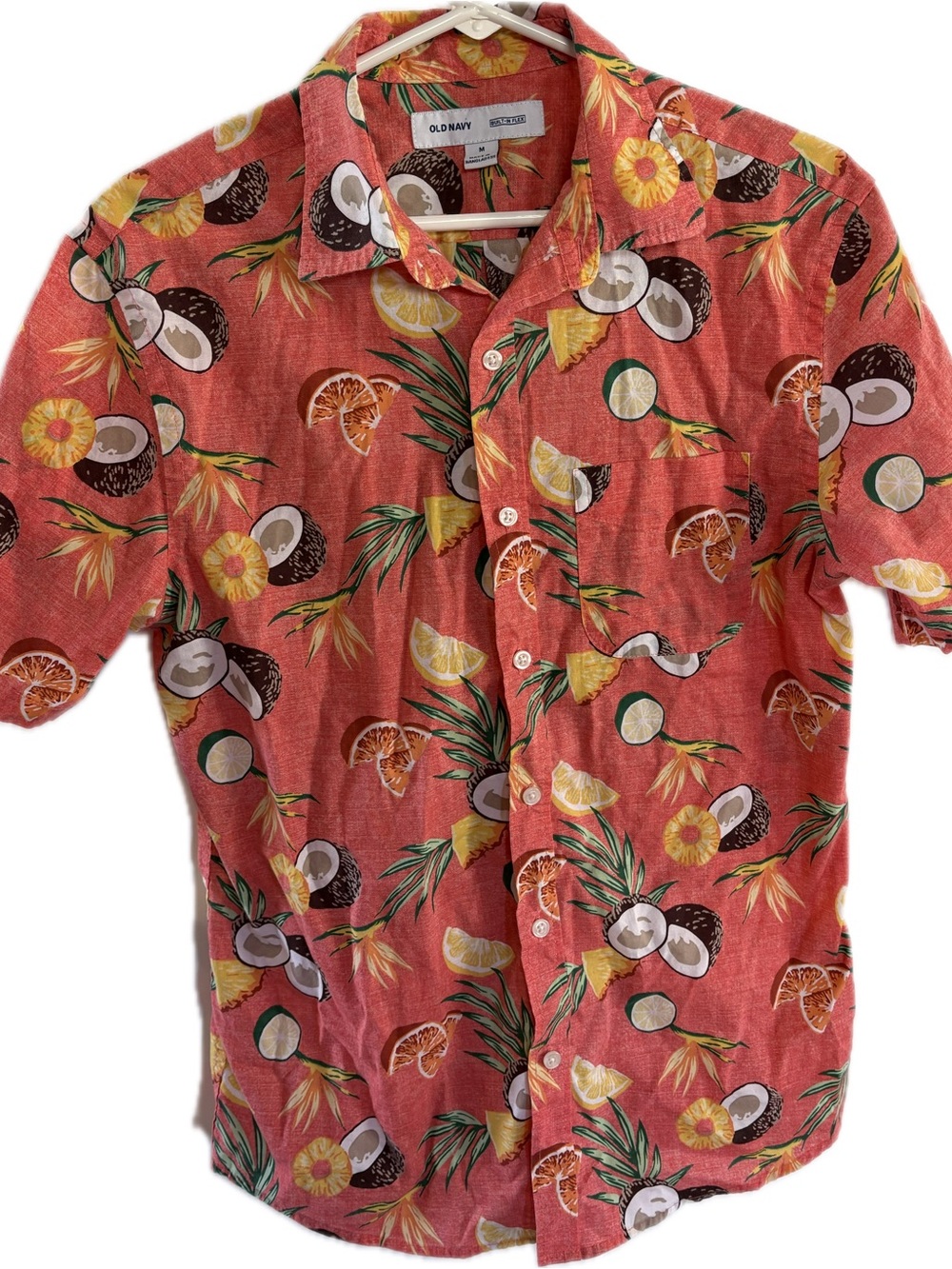 Old Navy Coral Tropical Fruit Print Short Sleeve Button-Down Party Shirt Medium